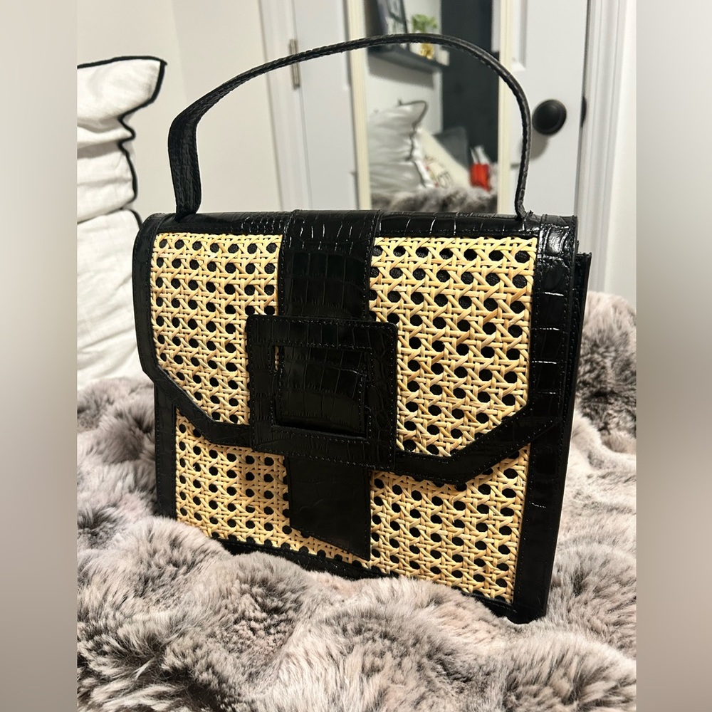 Italian Leather and Bamboo Woven Top Handle Bag - Black